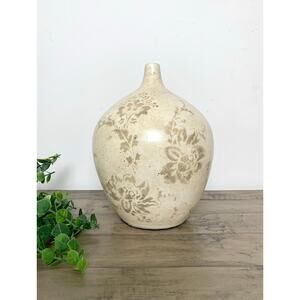 Pottery Jug Vase with Neutral Floral Stencil Cottagecore Feminine Boho